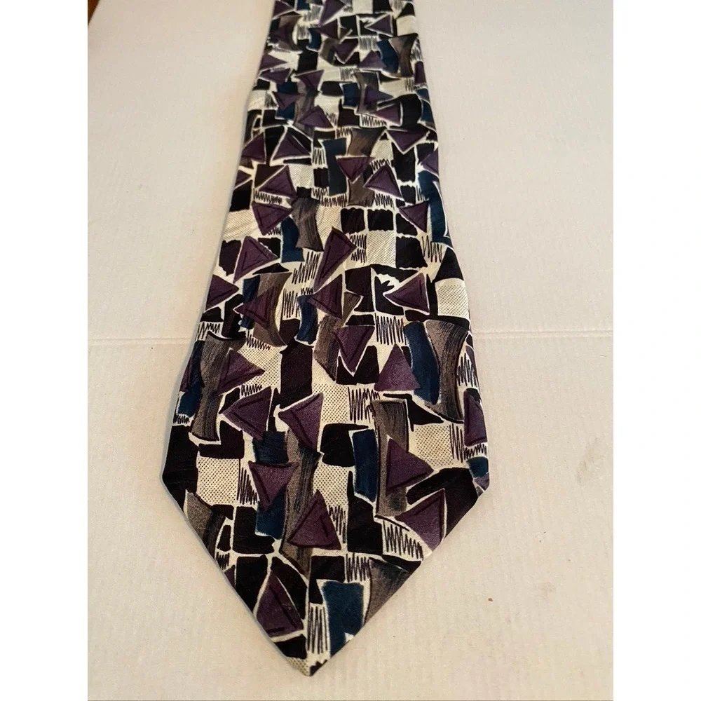 Savile Row Mens Geometric Abstract Silk Tie Purple Grey Black 90s Retro Vintage